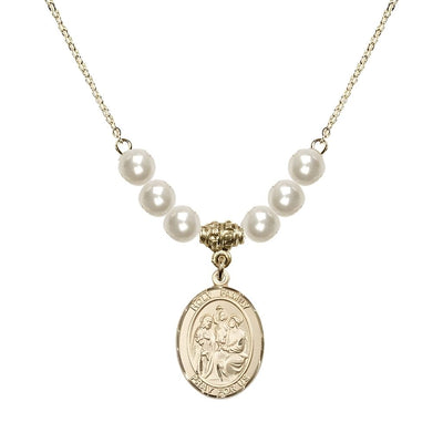 Holy Family Beaded Necklace with Gold-filled Medal, 6mm Austrian Crystal Faux Pearls, Bliss Manufacturing