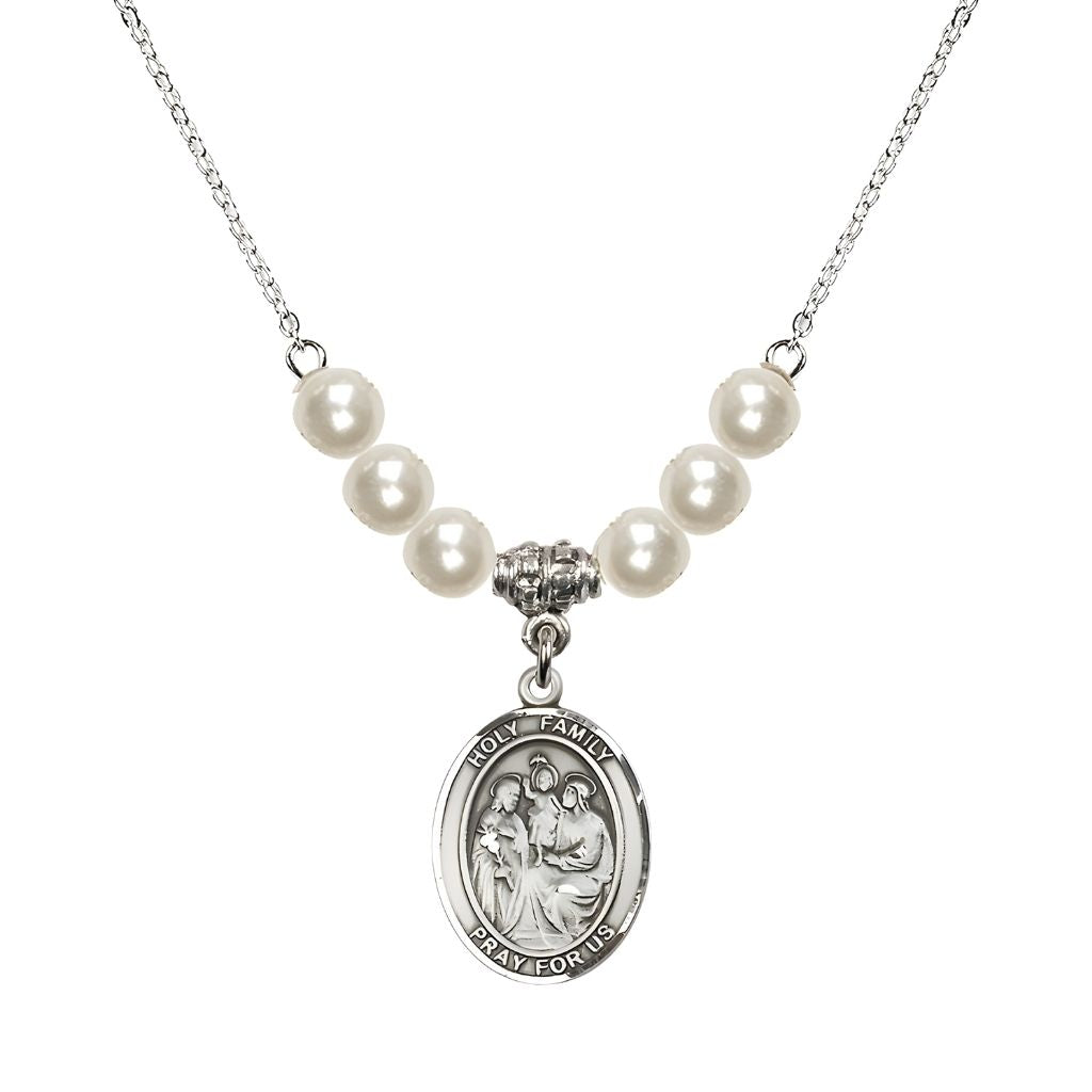 Bliss Holy Family Beaded Necklace with Sterling Silver Medal, 6mm Austrian Crystal Faux Pearl Beads