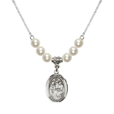 Holy Family Beaded Necklace with Sterling Silver Medal, 6mm Austrian Crystal Faux Pearl Beads, Bliss Manufacturing