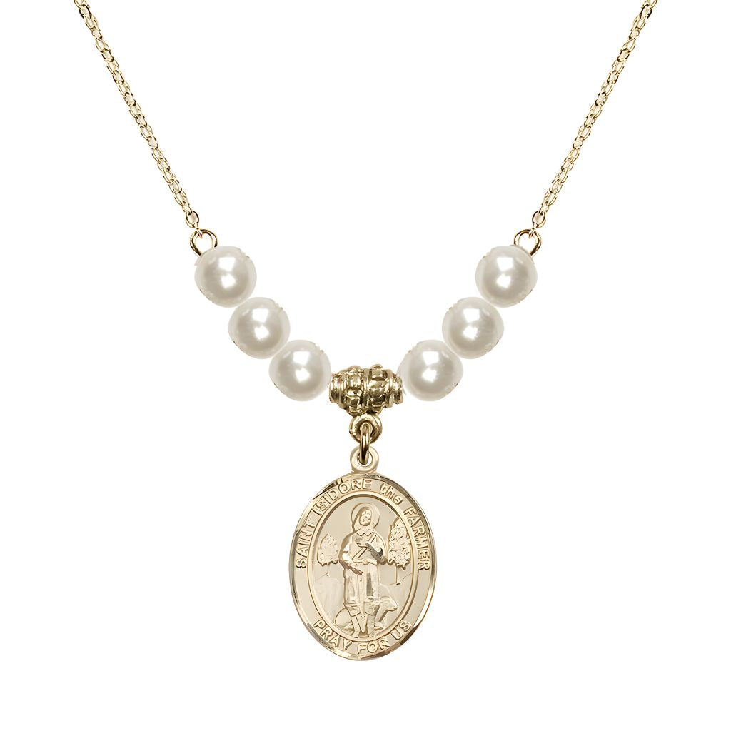 Bliss St. Isidore the Farmer Oval 14kt Gold-filled 6mm Faux Pearl Crystal Austrian Crystal Beaded Necklace, Measures 3/4 inch tall by 1/2-inch wide, Gift Box.
