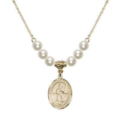 St. Isidore the Farmer Oval 14kt Gold-filled 6mm Faux Pearl Crystal Austrian Crystal Beaded Necklace, Measures 3/4 inch tall by 1/2-inch wide, Gift Box, Bliss Manufacturing