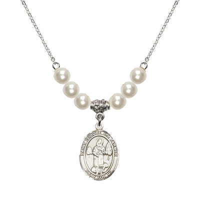 St. Isidore the Farmer Oval Sterling Silver 6mm Faux Pearl Crystal Austrian Crystal Beaded Necklace, Measures 3/4 inch tall by 1/2-inch wide, Gift Box, Bliss Manufacturing