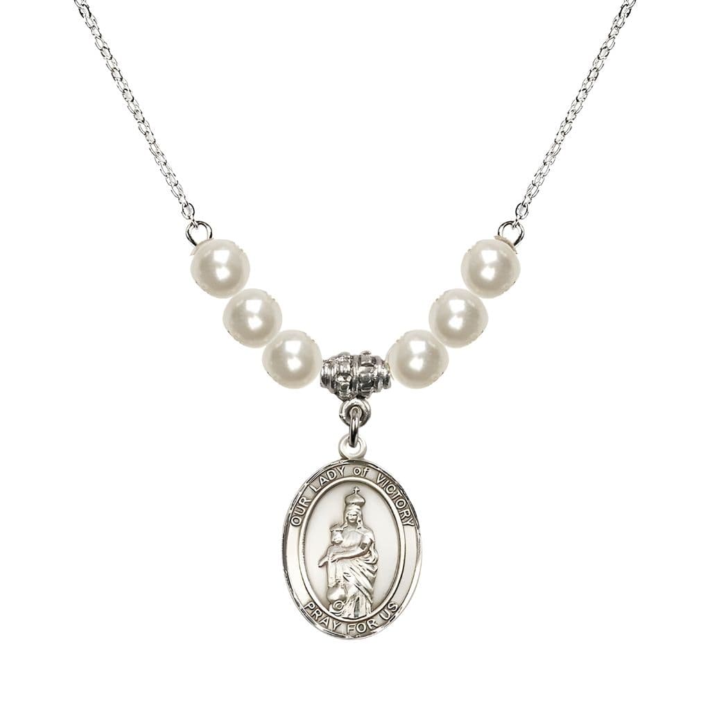 Bliss Our Lady of Victory Sterling Silver 6mm Faux Pearl Austrian Crystal Beaded Necklace with Plated Chain