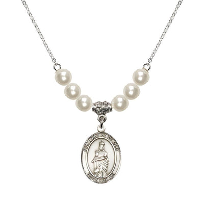 Our Lady of Victory Sterling Silver 6mm Faux Pearl Austrian Crystal Beaded Necklace with Plated Chain, Bliss Manufacturing