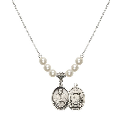Pope Leo XIV Crystal Sterling Silver Medal Beaded Necklace with Faux Pearl Crystal Beads, Bliss Manufacturing