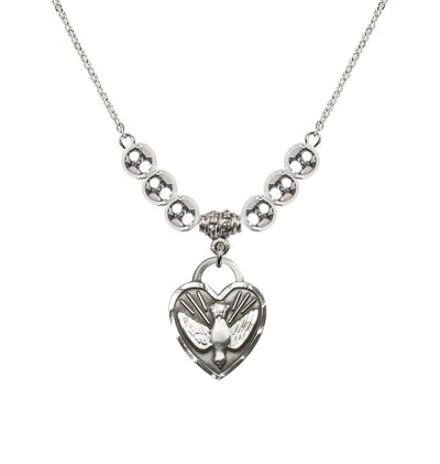 Dove Confirmation Heart Medal with 6mm Sterling Silver Bead Necklace, 3/4 inch tall by 5/8 inch wide, Bliss Manufacturing