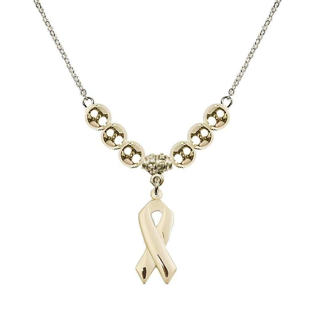 Bliss 14kt Gold-filled Cancer Awareness Ribbon Gold-filled Beaded Necklace, Charm Measures 7/8 inch tall by 3/8 inch wide