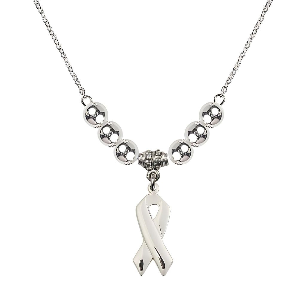Bliss Sterling Silver Cancer Awareness Ribbon Sterling Silver Beaded Necklace, Charm Measures 7/8 inch tall by 3/8 inch wide