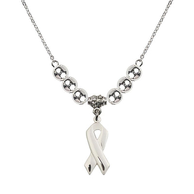 Sterling Silver Cancer Awareness Ribbon Sterling Silver Beaded Necklace, Charm Measures 7/8 inch tall by 3/8 inch wide, Bliss Manufacturing