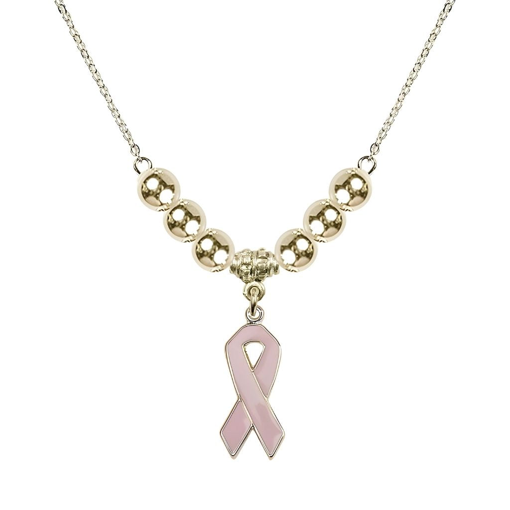 Bliss Gold-filled Breast Cancer Awareness Pink Ribbon Gold-filled Beaded Necklace, Measures 7/8-inch tall by 1/4-inch wide