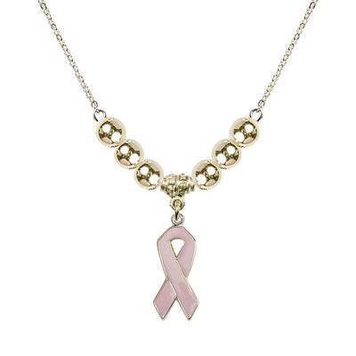 Gold-filled Breast Cancer Awareness Pink Ribbon Gold-filled Beaded Necklace, Measures 7/8-inch tall by 1/4-inch wide, Bliss Manufacturing