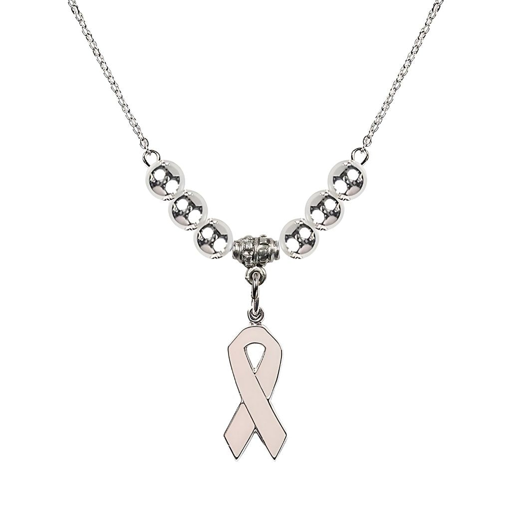 Bliss Sterling Silver Breast Cancer Awareness Pink Ribbon Sterling Silver Crystal Beaded Necklace, Measures 7/8-inch tall by 1/4-inch wide