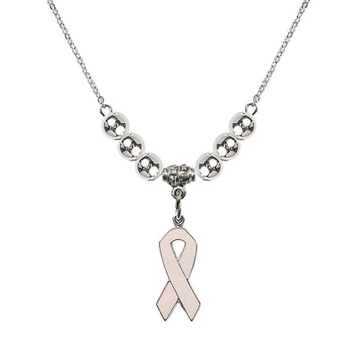 Sterling Silver Breast Cancer Awareness Pink Ribbon Sterling Silver Crystal Beaded Necklace, Measures 7/8-inch tall by 1/4-inch wide, Bliss Manufacturing