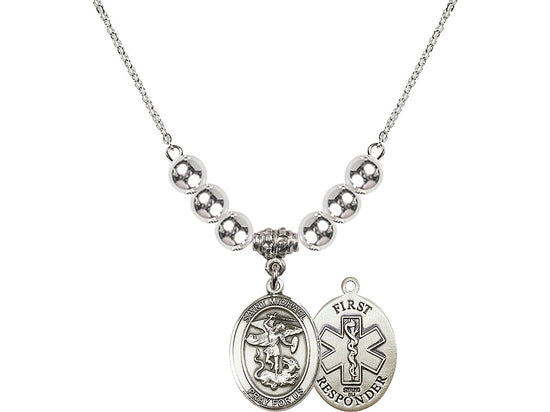 Bliss 1st Responder St Michael Sterling Silver Beaded Necklace with Sterling Silver Beads,