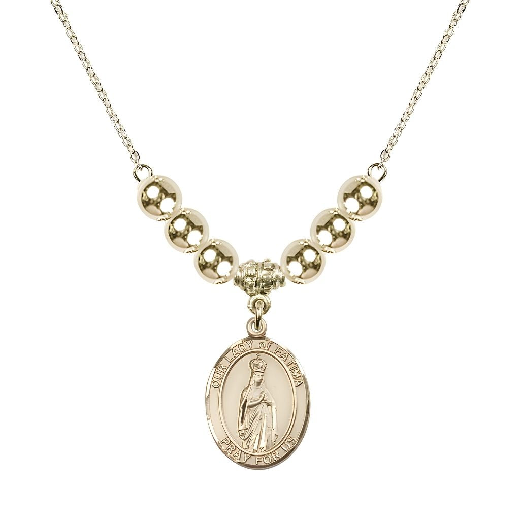 Bliss Our Lady of Fatima 14kt Gold-filled 6mm Beaded Necklace, Measures 3/4 inch tall by 1/2-inch wide, Gift Box