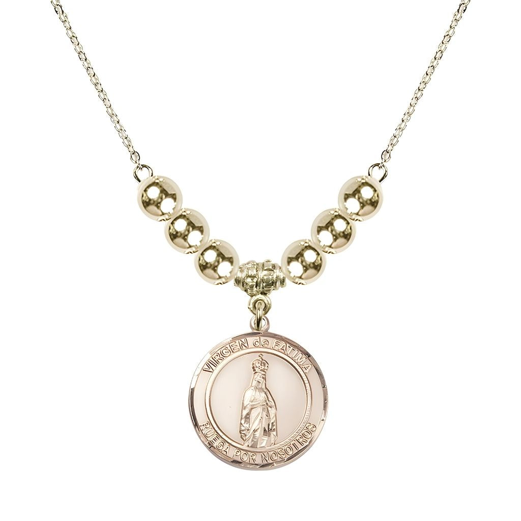Bliss Virgen de Fatima Round 14kt Gold-filled 6mm Beaded Necklace, Measures 3/4 inch tall by 1/2-inch wide, Gift Box