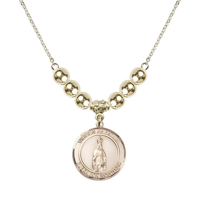 Virgen de Fatima Round 14kt Gold-filled 6mm Beaded Necklace, Measures 3/4 inch tall by 1/2-inch wide, Gift Box, Bliss Manufacturing