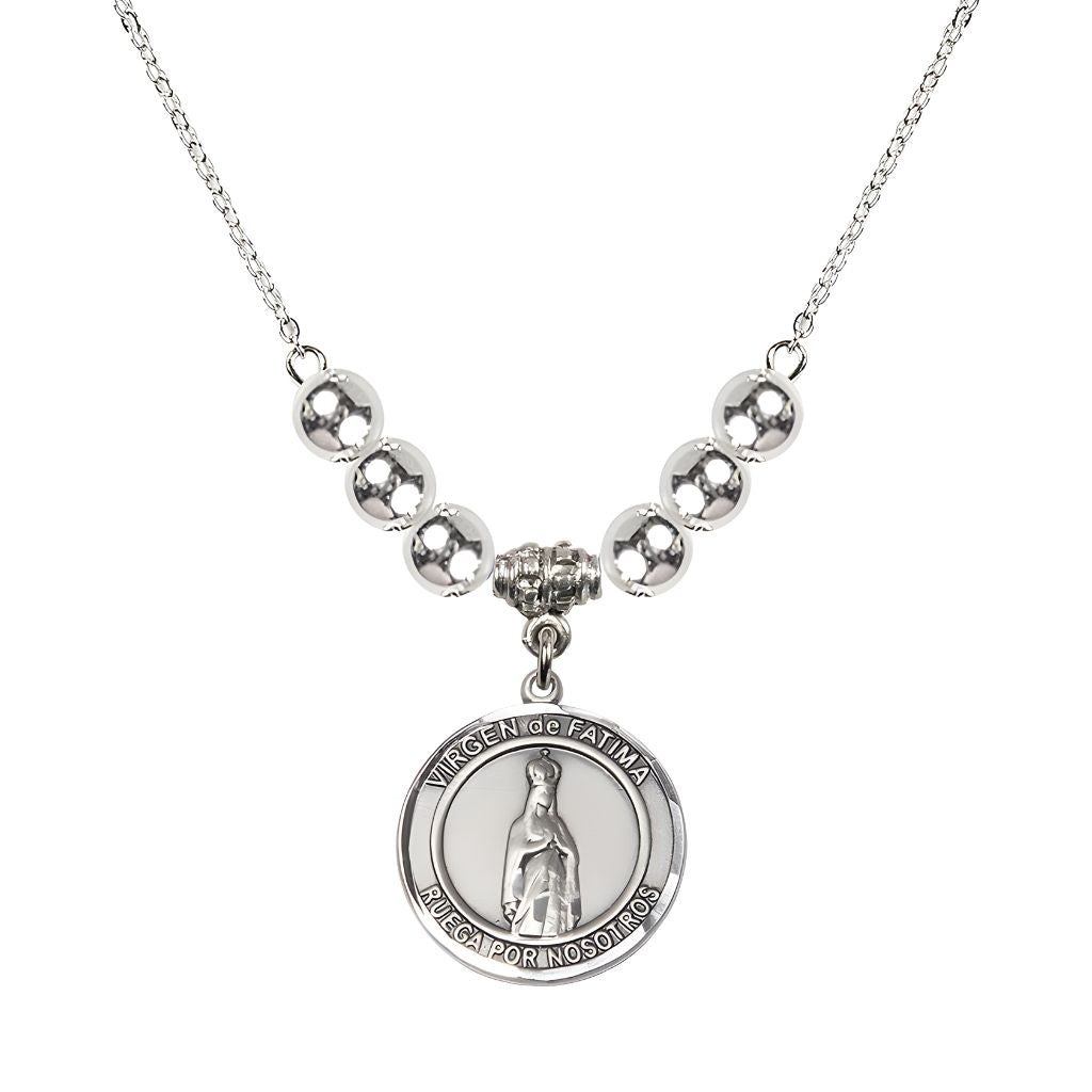Bliss Virgen de Fatima Round Sterling Silver 6mm Beaded Necklace, Measures 3/4 inch tall by 1/2-inch wide, Gift Box