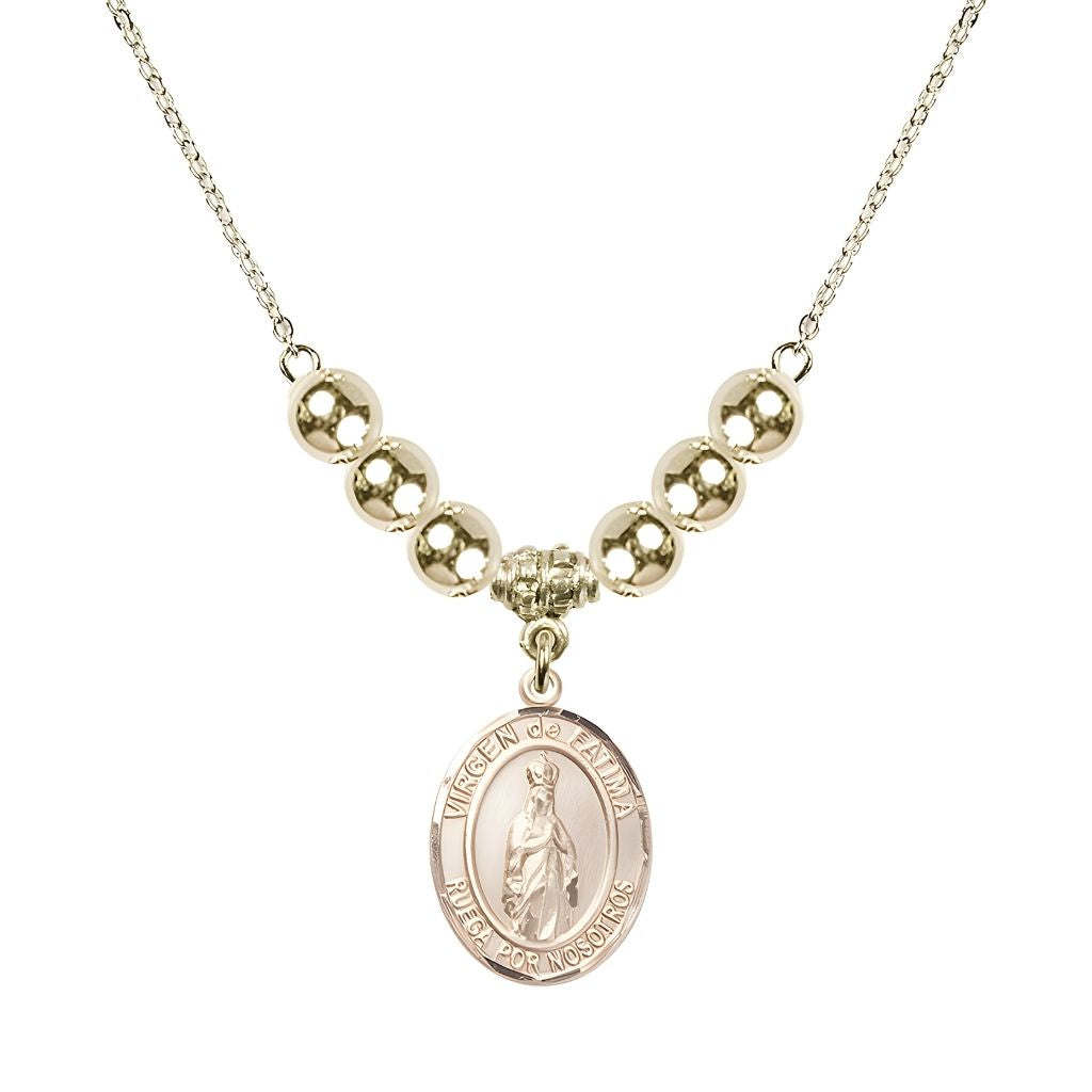 Bliss Virgen de Fatima 14kt Gold-filled 6mm Beaded Necklace, Measures 3/4 inch tall by 1/2-inch wide, Gift Box