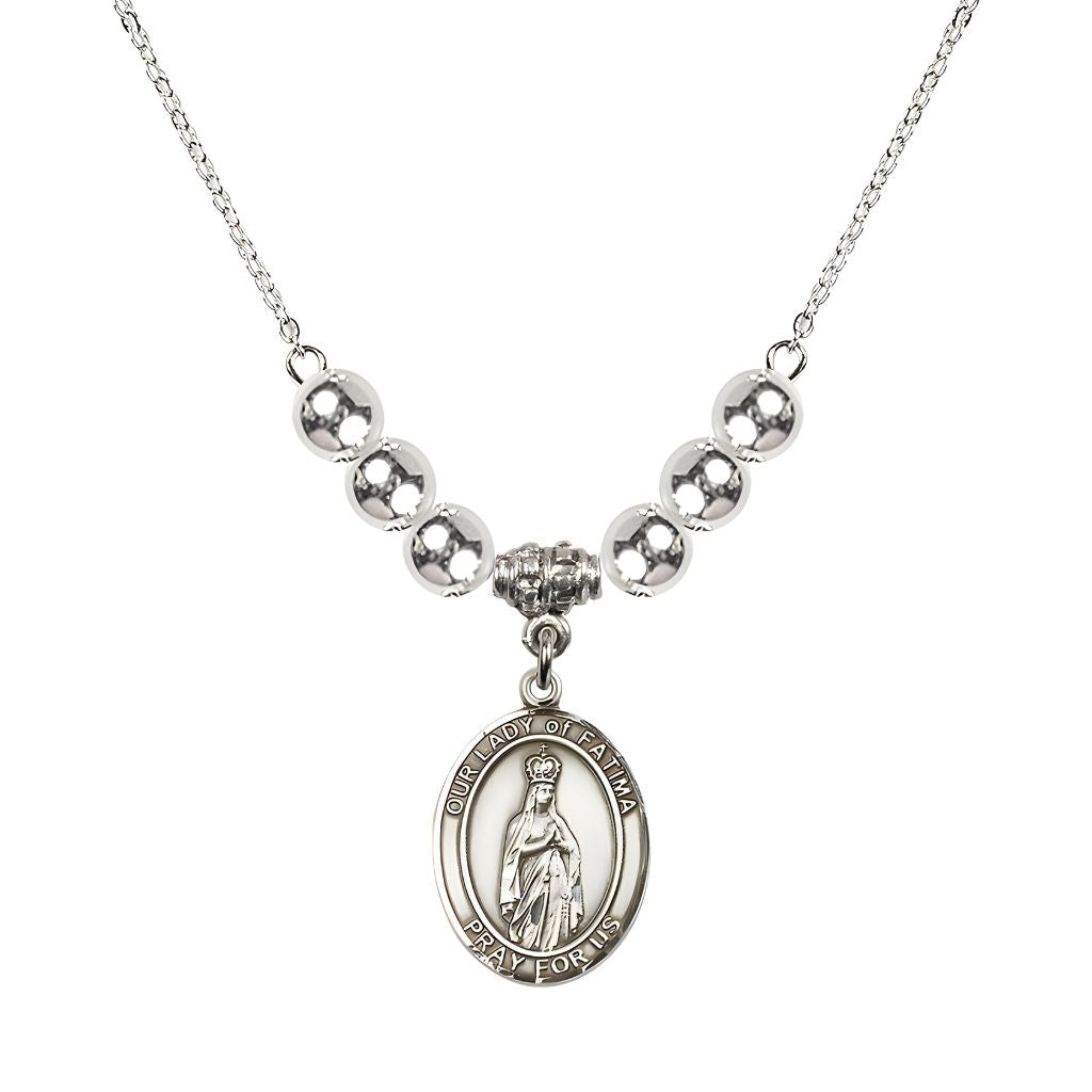 Bliss Our Lady of Fatima Sterling Silver 6mm Beaded Necklace, Measures 3/4 inch tall by 1/2-inch wide, Gift Box