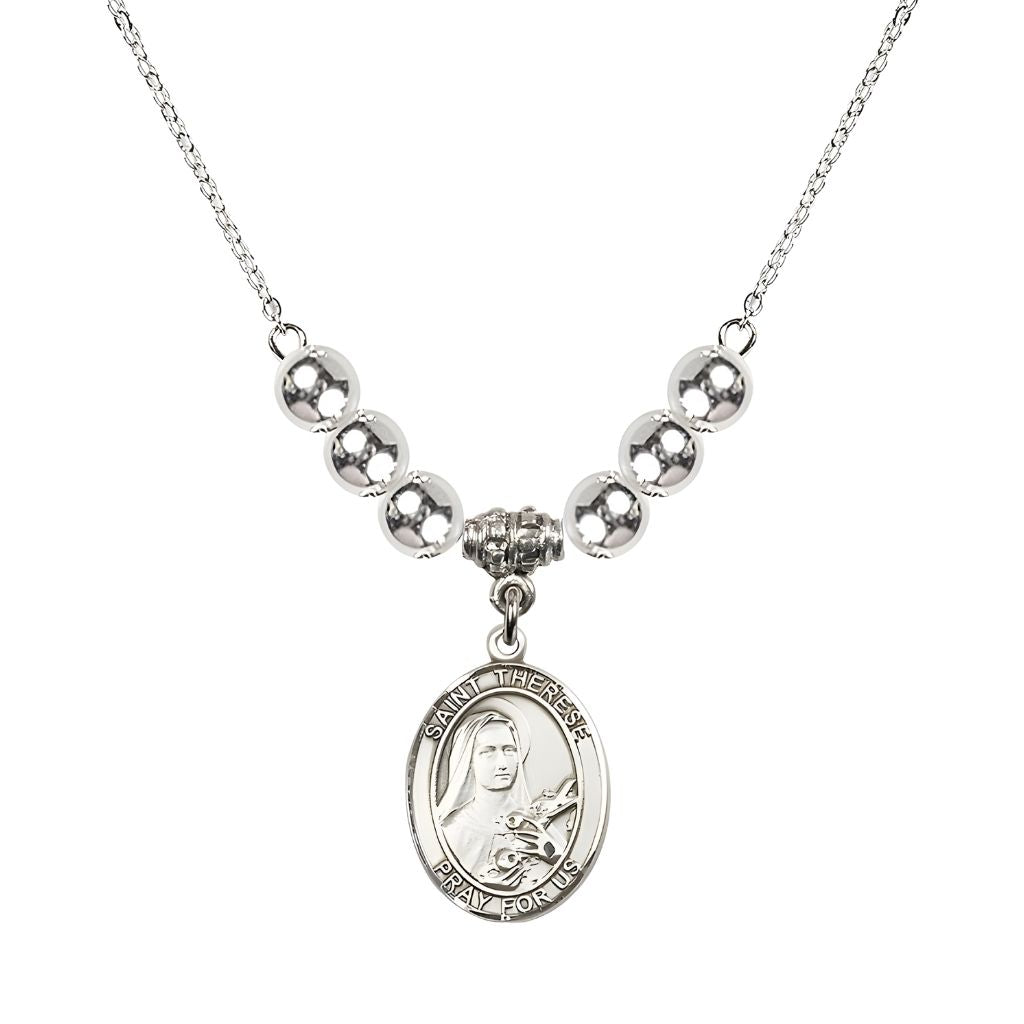 Bliss St. Therese of Lisieux Sterling Silver Medal and 6mm Sterling Silver Beads Necklace