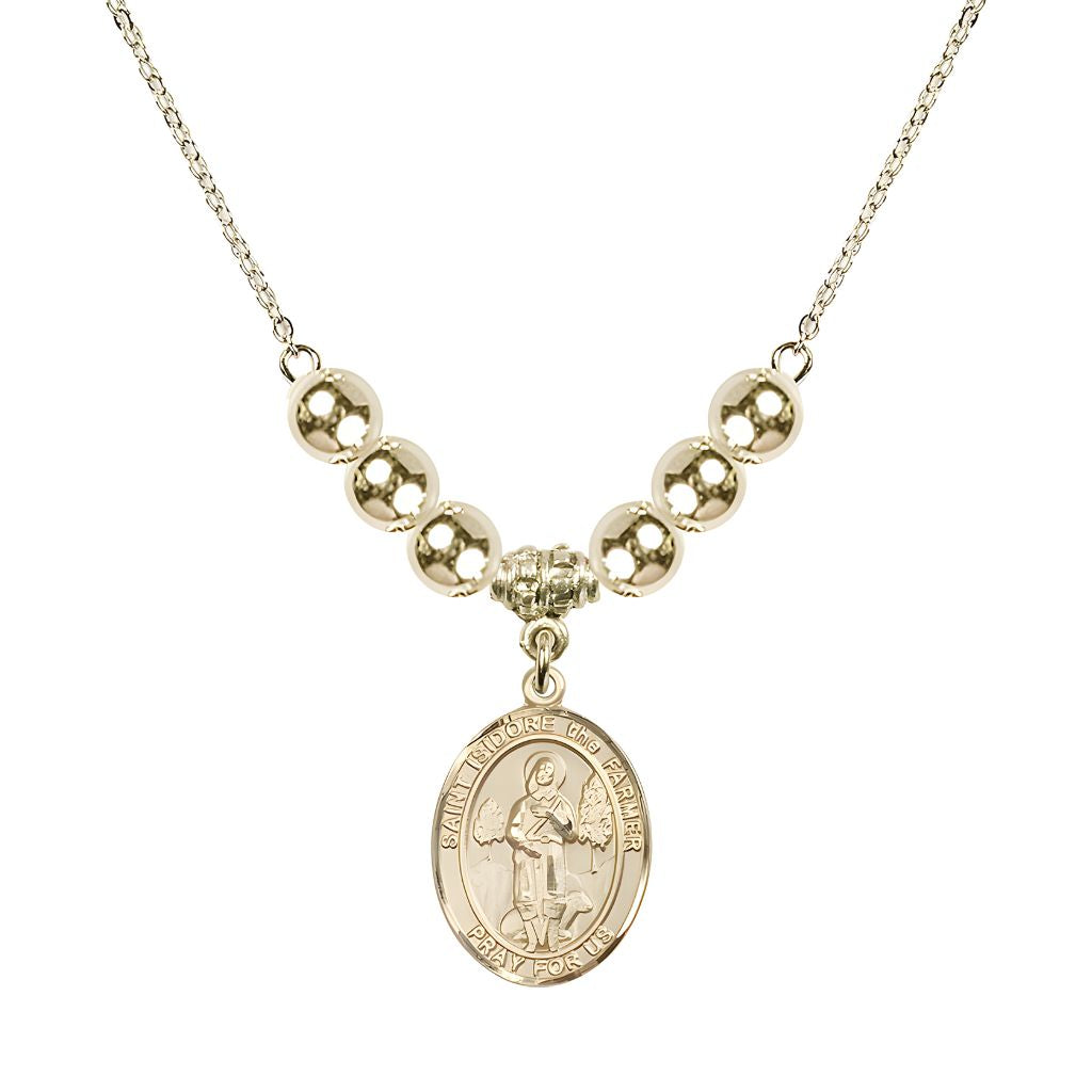 Bliss St. Isidore the Farmer Oval 14kt Gold-filled 6mm Austrian Crystal Beaded Necklace, Measures 3/4 inch tall by 1/2-inch wide, Gift Box.