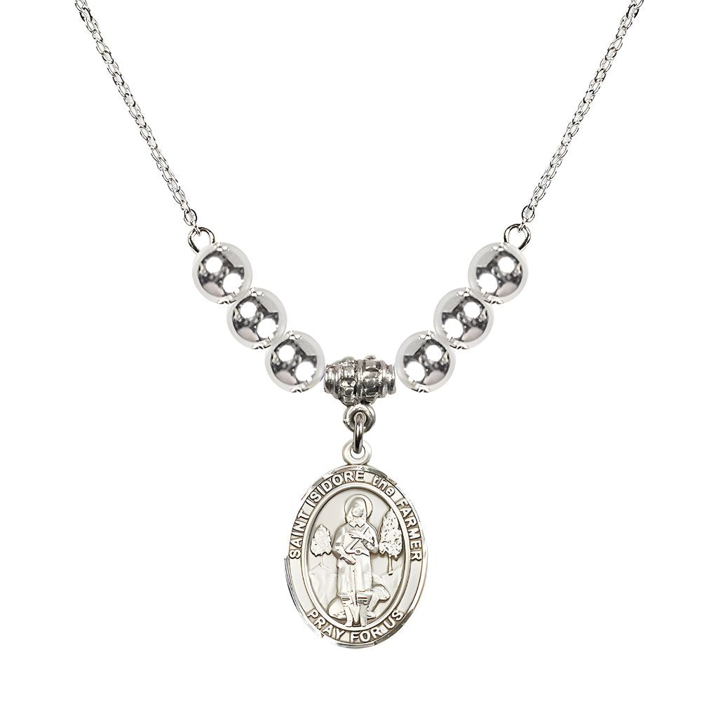 Bliss St. Isidore the Farmer Oval Sterling Silver 6mm Austrian Crystal Beaded Necklace, Measures 3/4 inch tall by 1/2-inch wide, Gift Box.