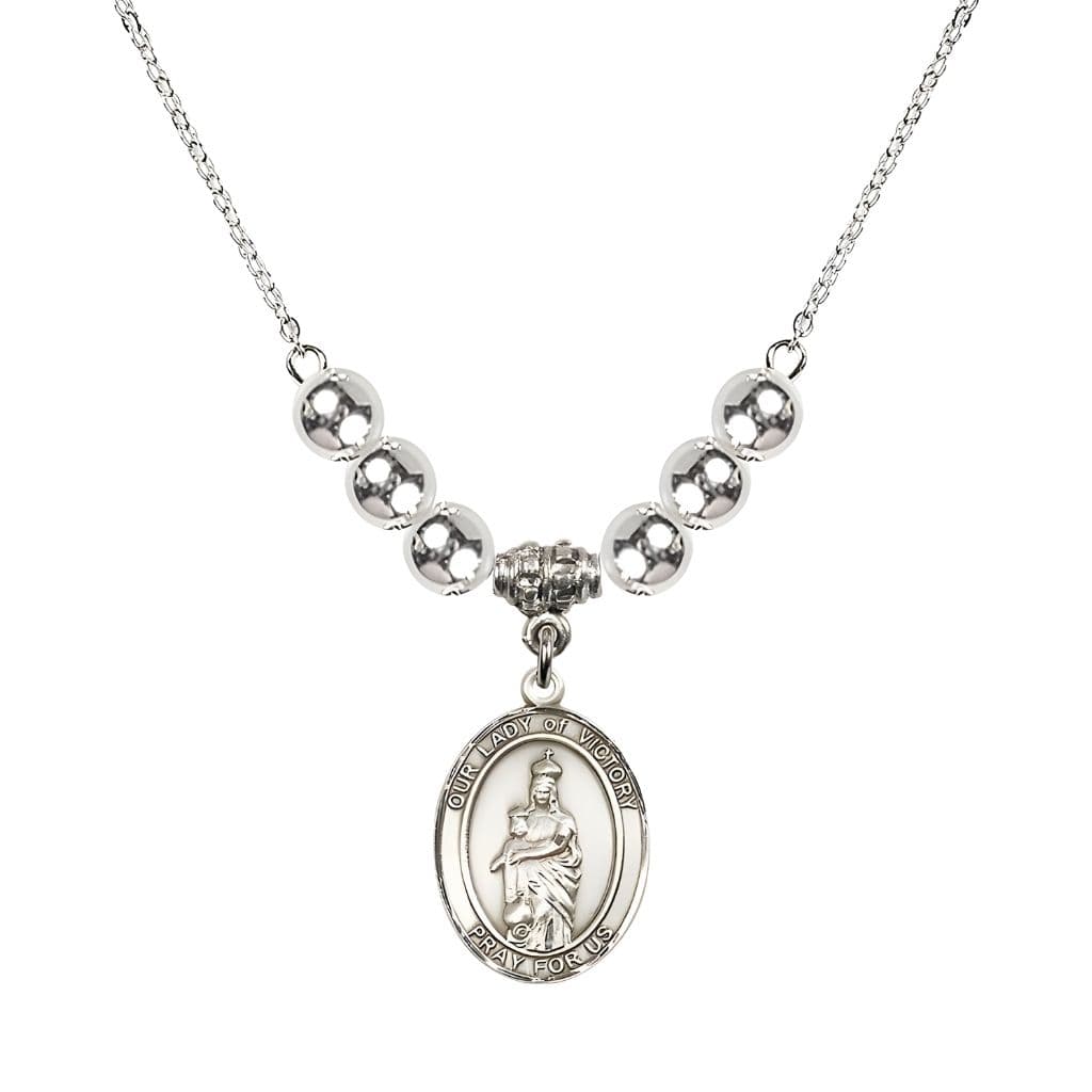 Bliss Our Lady of Victory Sterling Silver 6mm Sterling Silver Beaded Necklace with Plated Chain