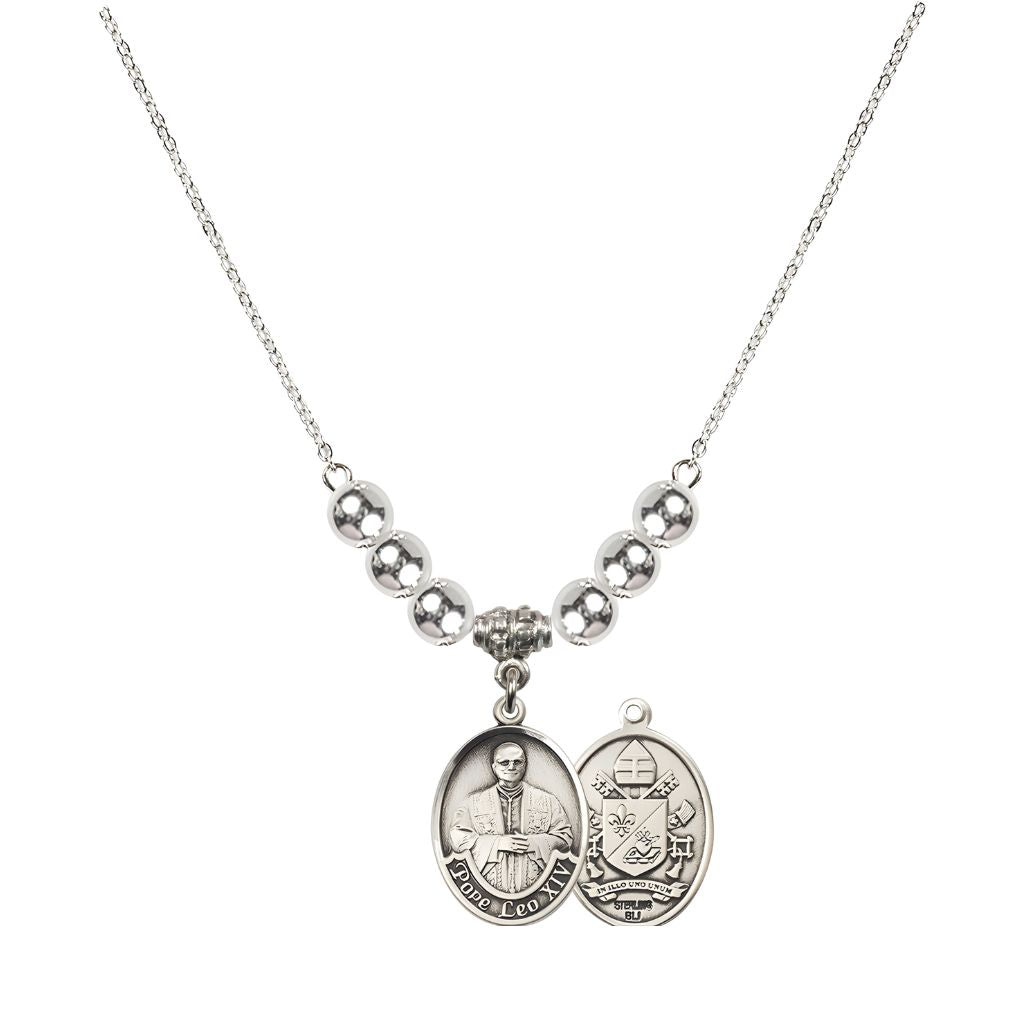 Bliss Pope Leo XIV Crystal Sterling Silver Medal Beaded Necklace with Sterling Silver Beads,