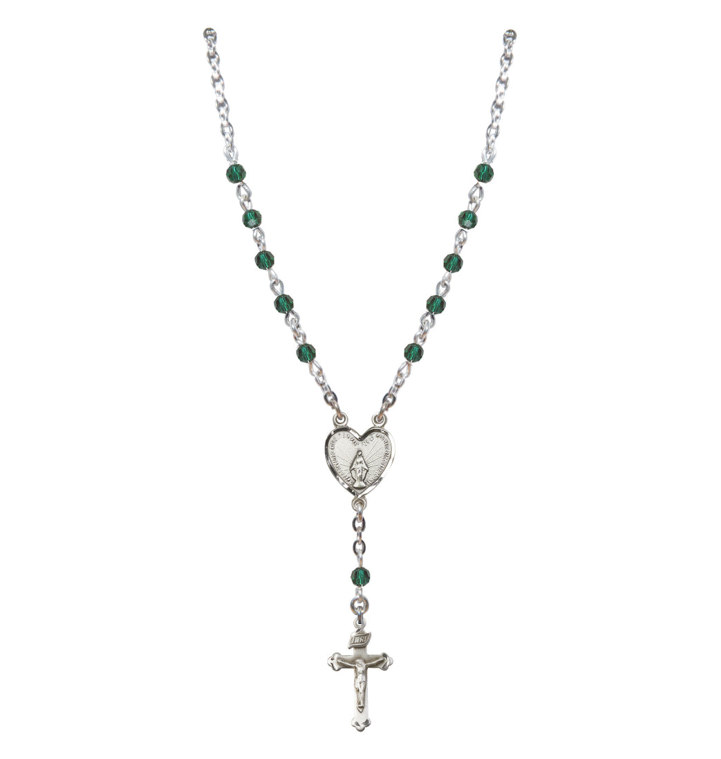 Bliss Sterling Silver Miraculous Heart 4mm Crystal Rosary Necklace in Emerald,