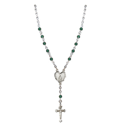 Sterling Silver Miraculous Heart 4mm Crystal Rosary Necklace in Emerald, Bliss Manufacturing