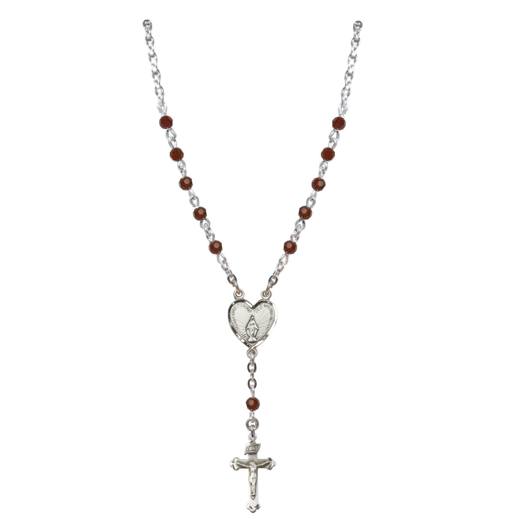 Bliss Sterling Silver Miraculous Heart 4mm Crystal Rosary Necklace in Garnet,