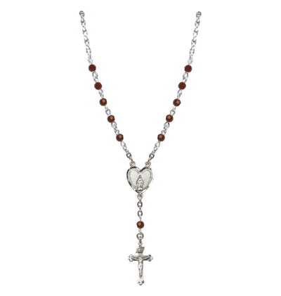 Sterling Silver Miraculous Heart 4mm Crystal Rosary Necklace in Garnet, Bliss Manufacturing