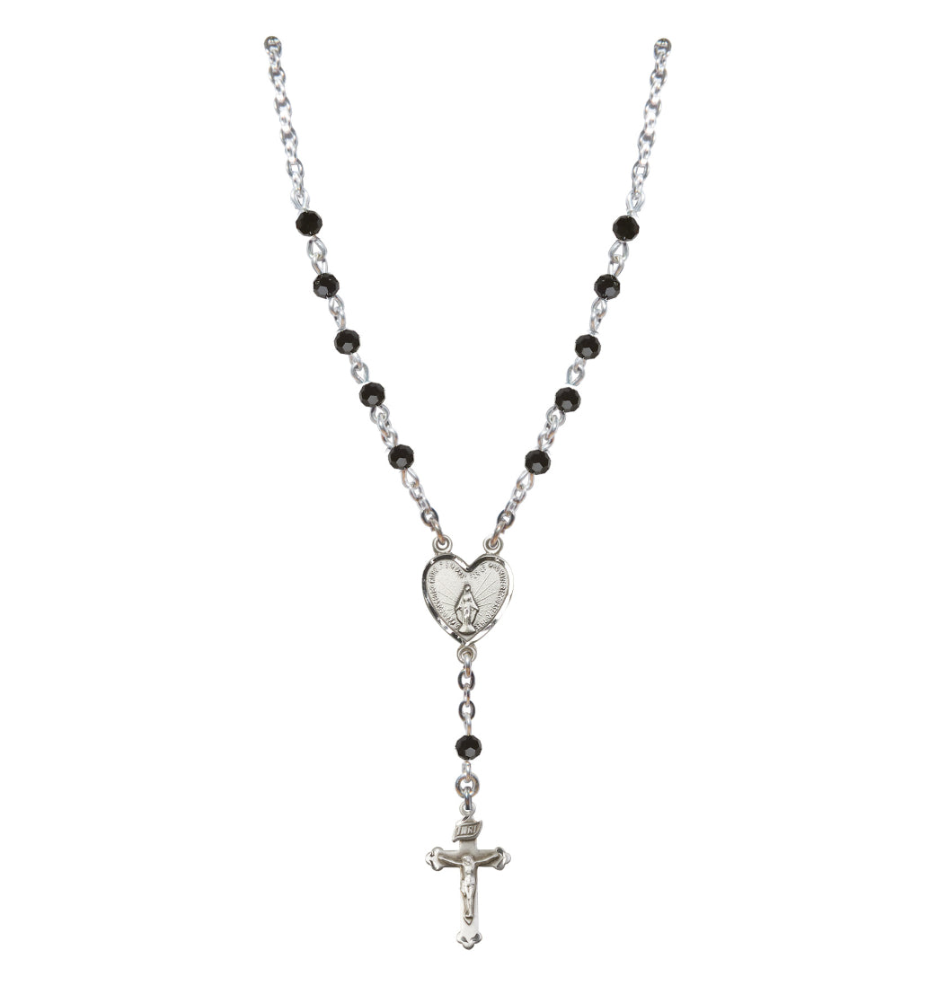 Bliss Sterling Silver Miraculous Heart 4mm Crystal Rosary Necklace in Jet,