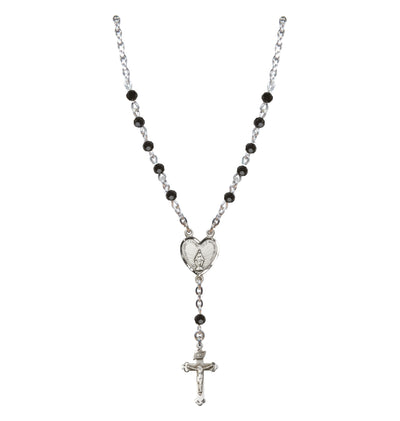 Sterling Silver Miraculous Heart 4mm Crystal Rosary Necklace in Jet, Bliss Manufacturing