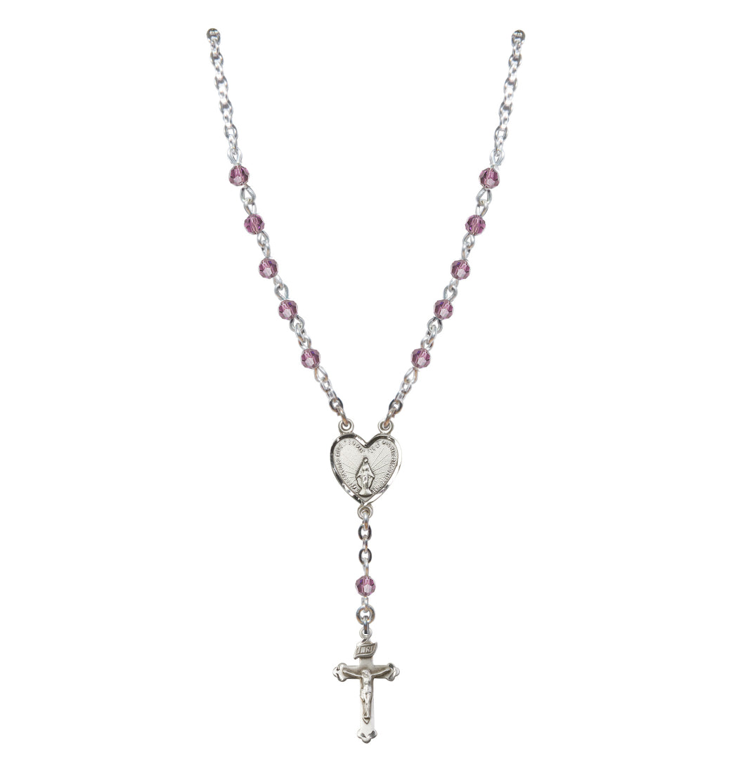 Bliss Sterling Silver Miraculous Heart 4mm Crystal Rosary Necklace Light Amethyst,