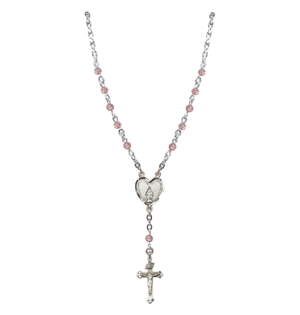 Bliss Sterling Silver Miraculous Heart 4mm Crystal Rosary Necklace Light Rose,