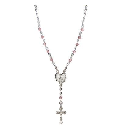 Sterling Silver Miraculous Heart 4mm Crystal Rosary Necklace Light Rose, Bliss Manufacturing