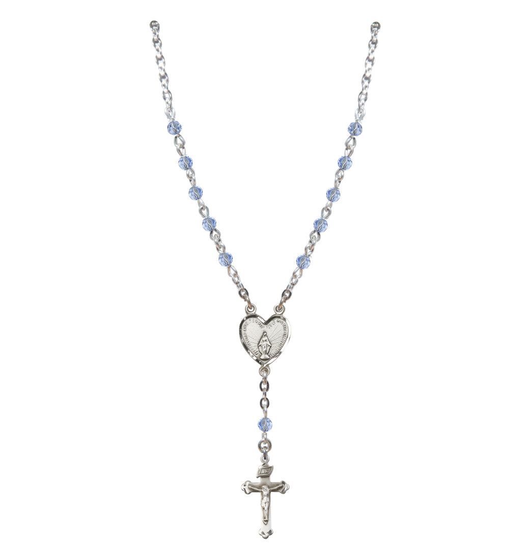 Bliss Sterling Silver Miraculous Heart 4mm Crystal Rosary Necklace Light Sapphire,