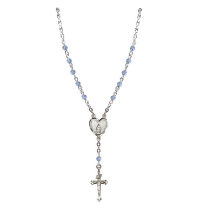Sterling Silver Miraculous Heart 4mm Crystal Rosary Necklace Light Sapphire, Bliss Manufacturing