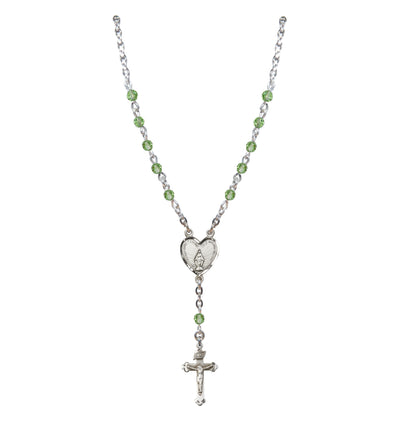 Sterling Silver Miraculous Heart 4mm Crystal Rosary Necklace in Peridot, Bliss Manufacturing