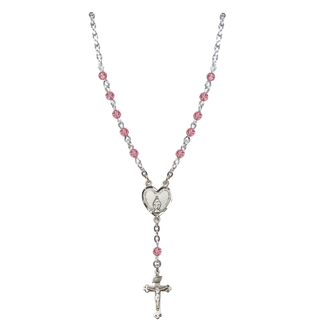 Bliss Sterling Silver Miraculous Heart 4mm Crystal Rosary Necklace in Rose,