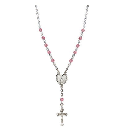 Sterling Silver Miraculous Heart 4mm Crystal Rosary Necklace in Rose, Bliss Manufacturing