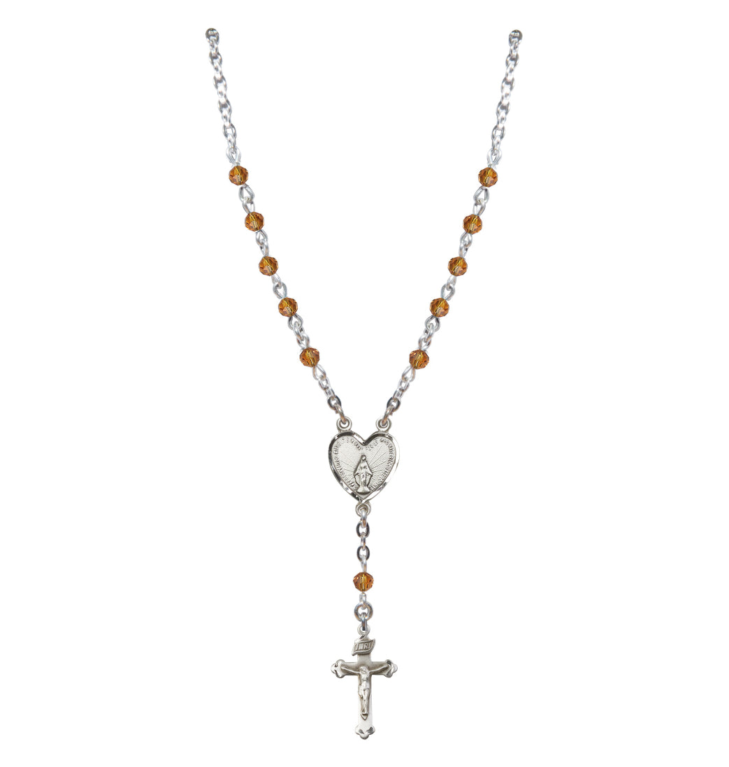 Bliss Sterling Silver Miraculous Heart 4mm Crystal Rosary Necklace in Topaz.