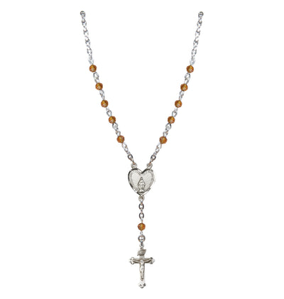 Sterling Silver Miraculous Heart 4mm Crystal Rosary Necklace in Topaz, Bliss Manufacturing