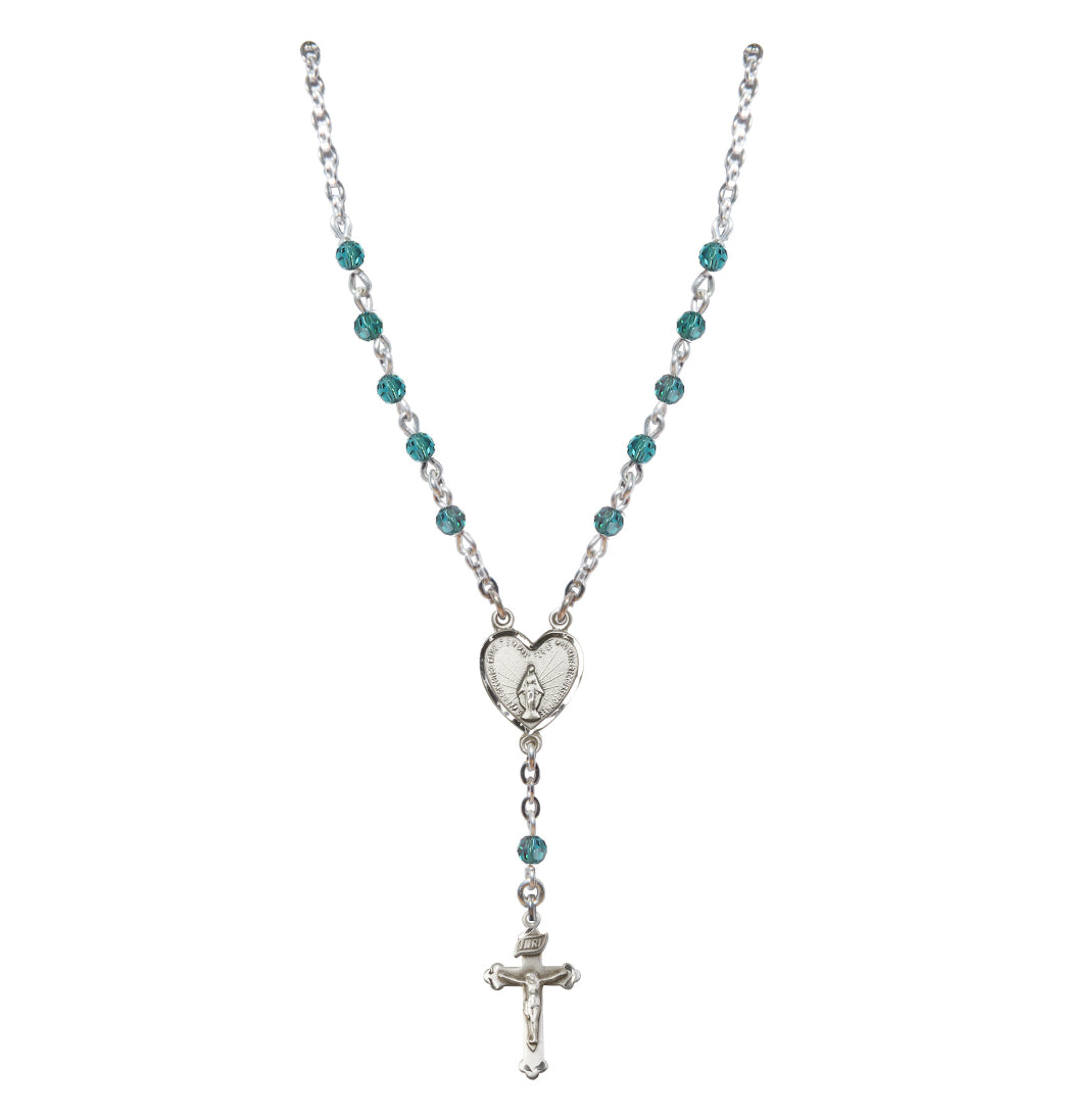 Bliss Sterling Silver Miraculous Heart 4mm Crystal Rosary Necklace in Zircon,