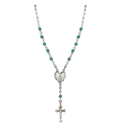 Sterling Silver Miraculous Heart 4mm Crystal Rosary Necklace in Zircon, Bliss Manufacturing