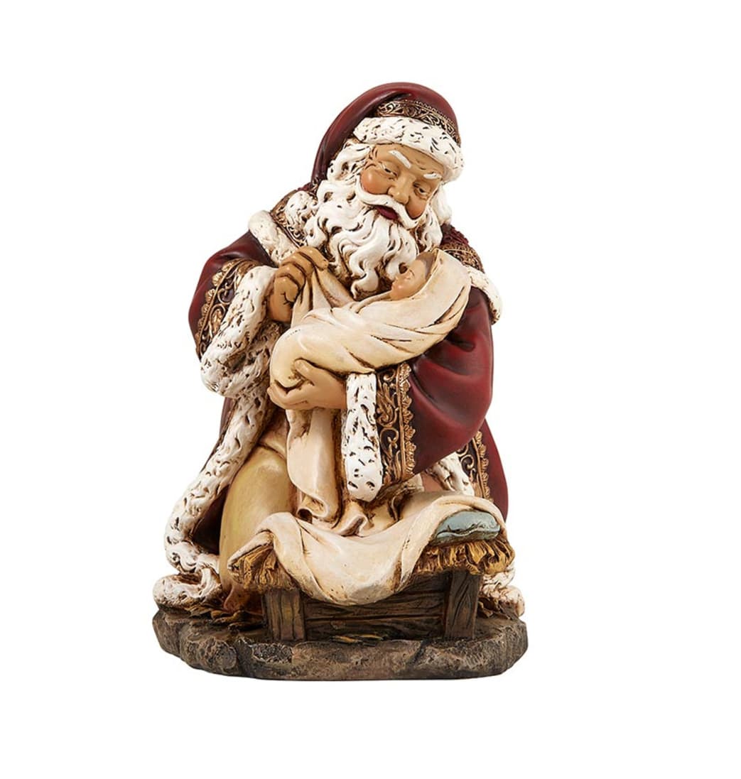 Front of Avalon Gallery 7" H Adoring Santa Figurine Holding Baby Jesus,