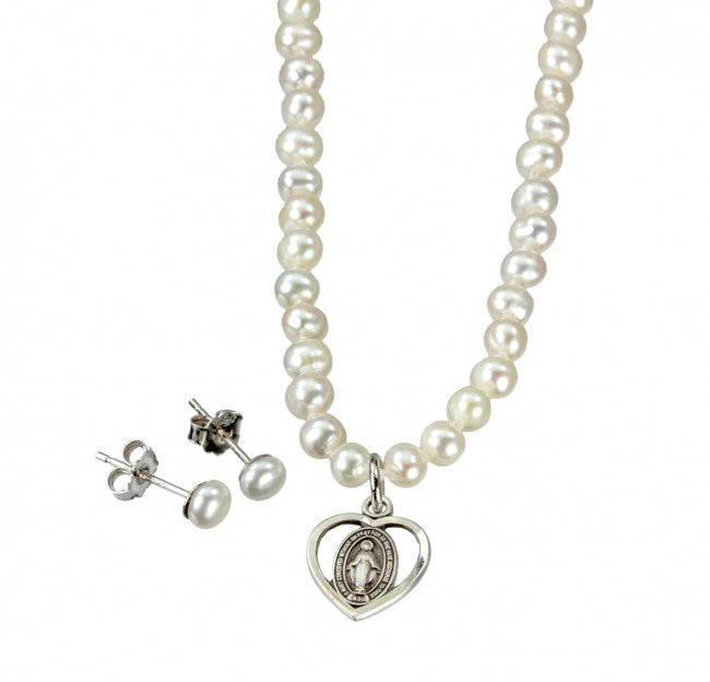 Communion Miraculous Heart with Pearls Earring & Necklace