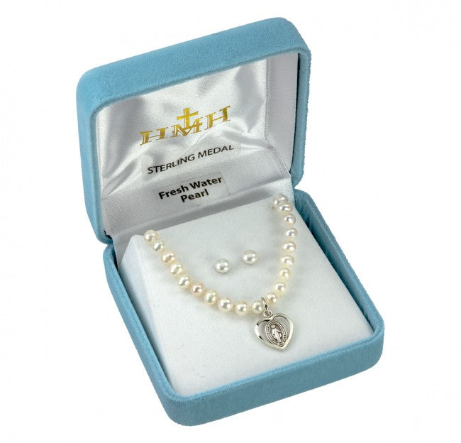 Communion Miraculous Heart with Pearls Earring & Necklace in Box,